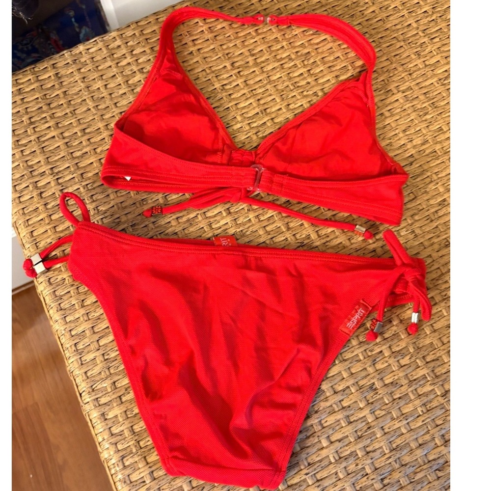 Esprit Vintage Beach Red Textured Halter Bikini Set Side Tie Bottoms XS Women's - Picture 5 of 7
